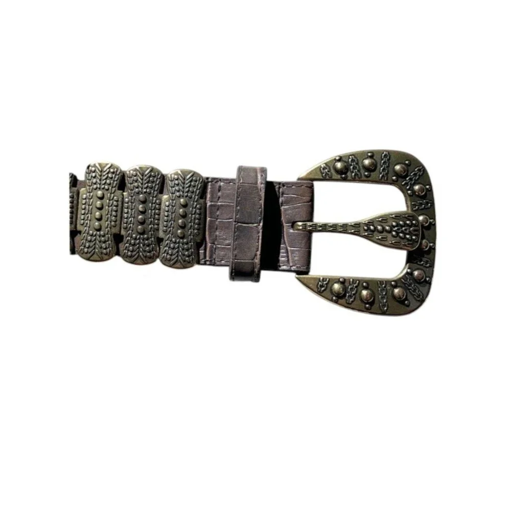 Chico's Leather Western Belt Studded Buckle Boho Leopard Embossed Brown Small